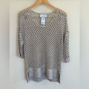 Joseph Ribkoff Open Stitch Metallic Cream Scoop Neck Sweater w Sequins Boho Luxe
